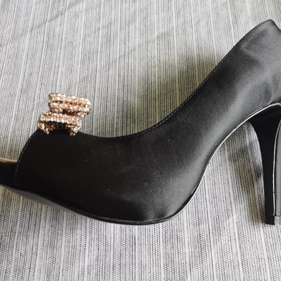 Black Satin Rhinestone Bow Open-toe Pump Heels - Picture 8 of 9